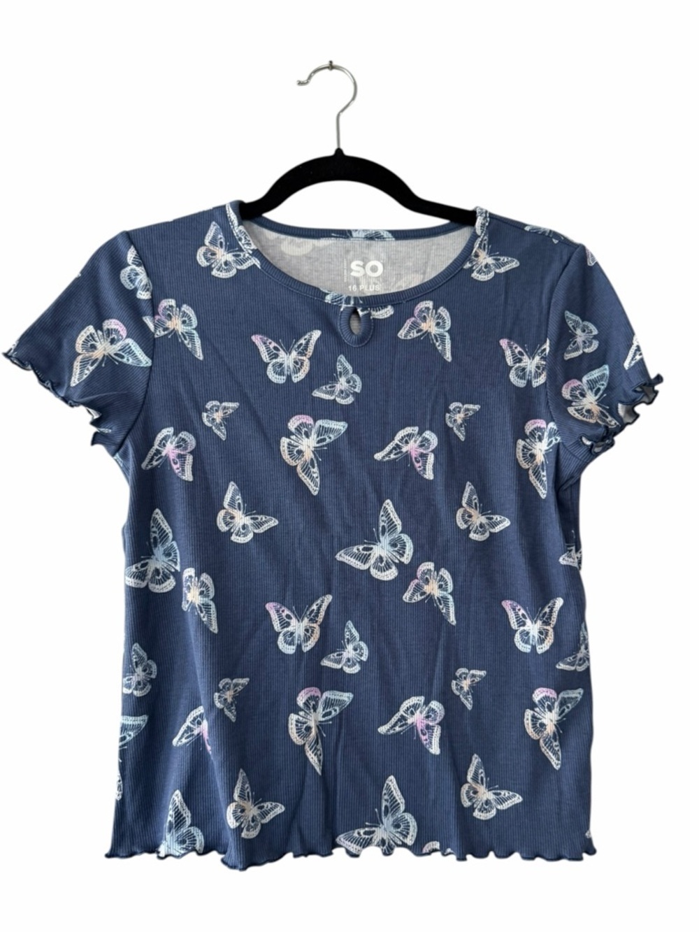 SO Girls Navy Blue Butterfly Graphic Print Ribbed T Shirt Tee Size 16 Plus